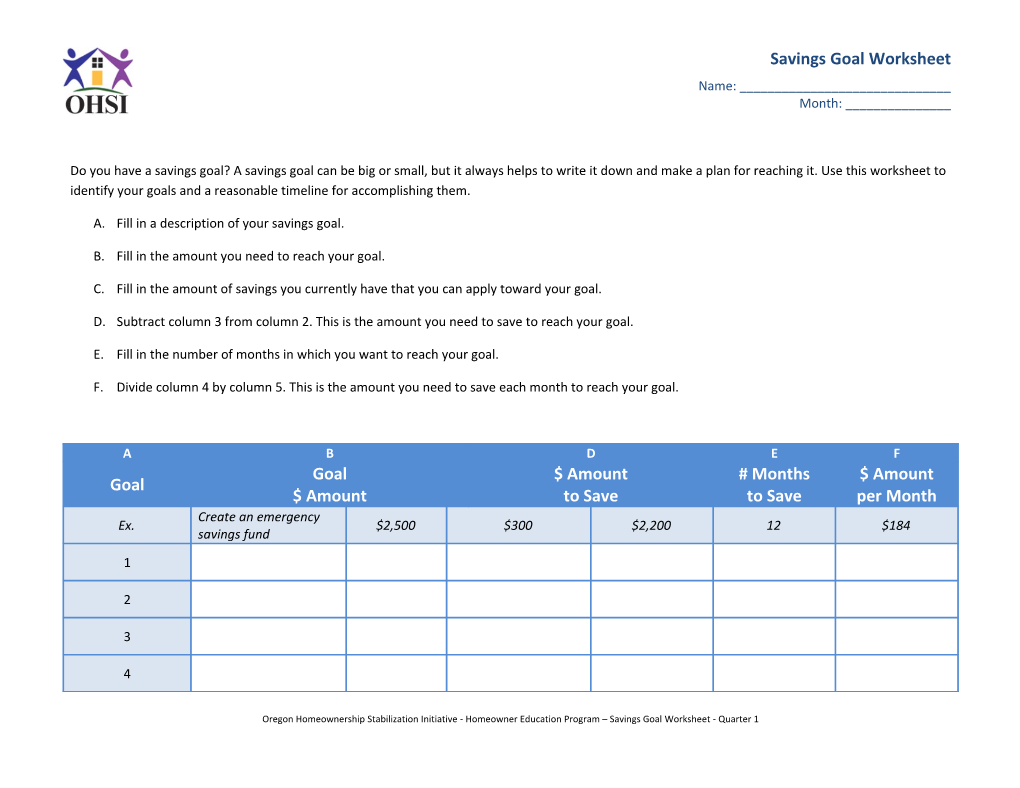 Savings Goal Worksheet