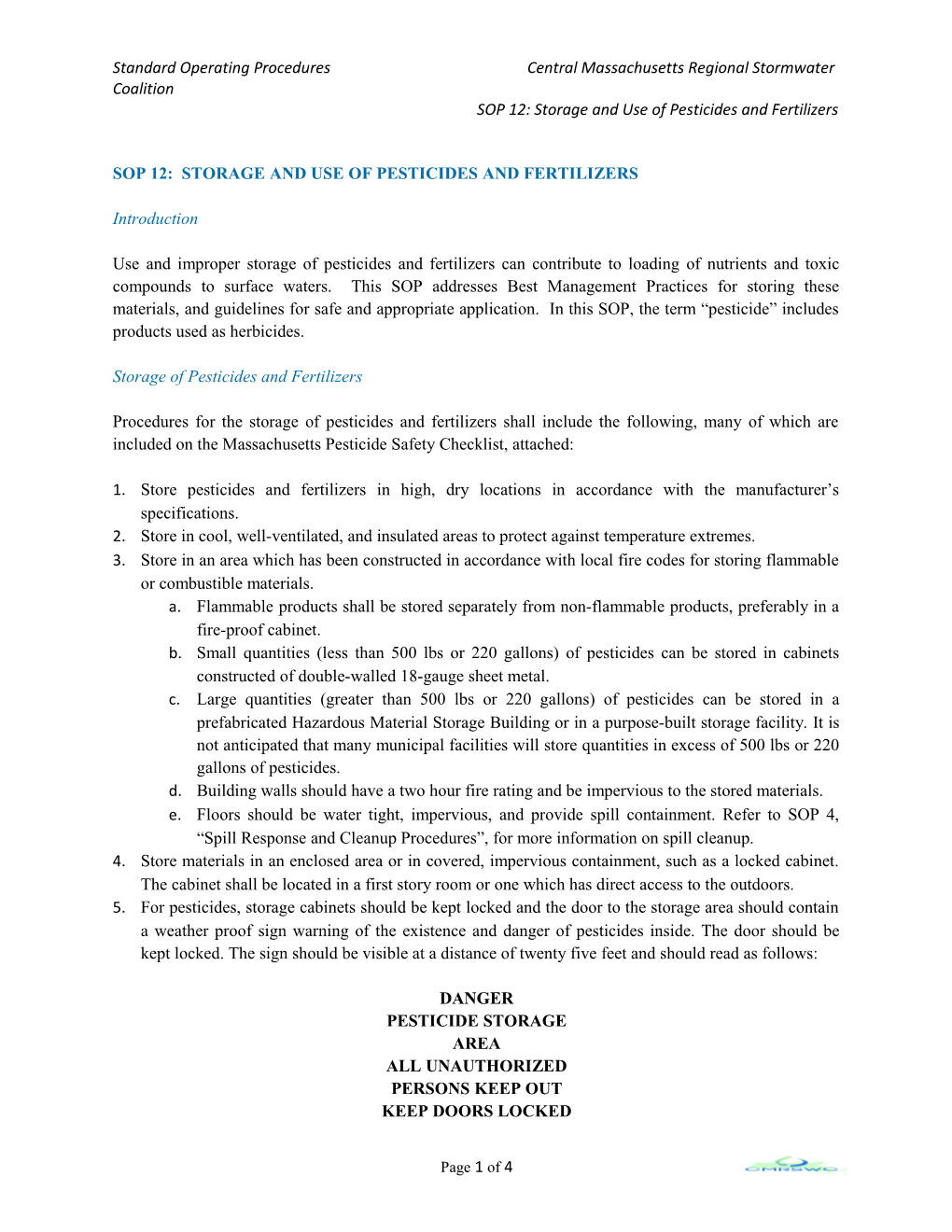 Sop 12: Storage and Use of Pesticides and Fertilizers