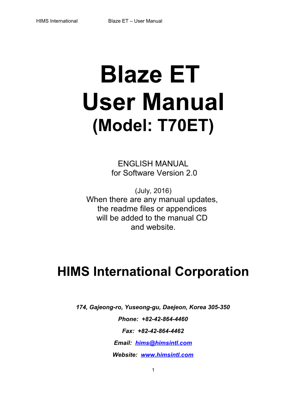 HIMS International Blaze ET User Manual