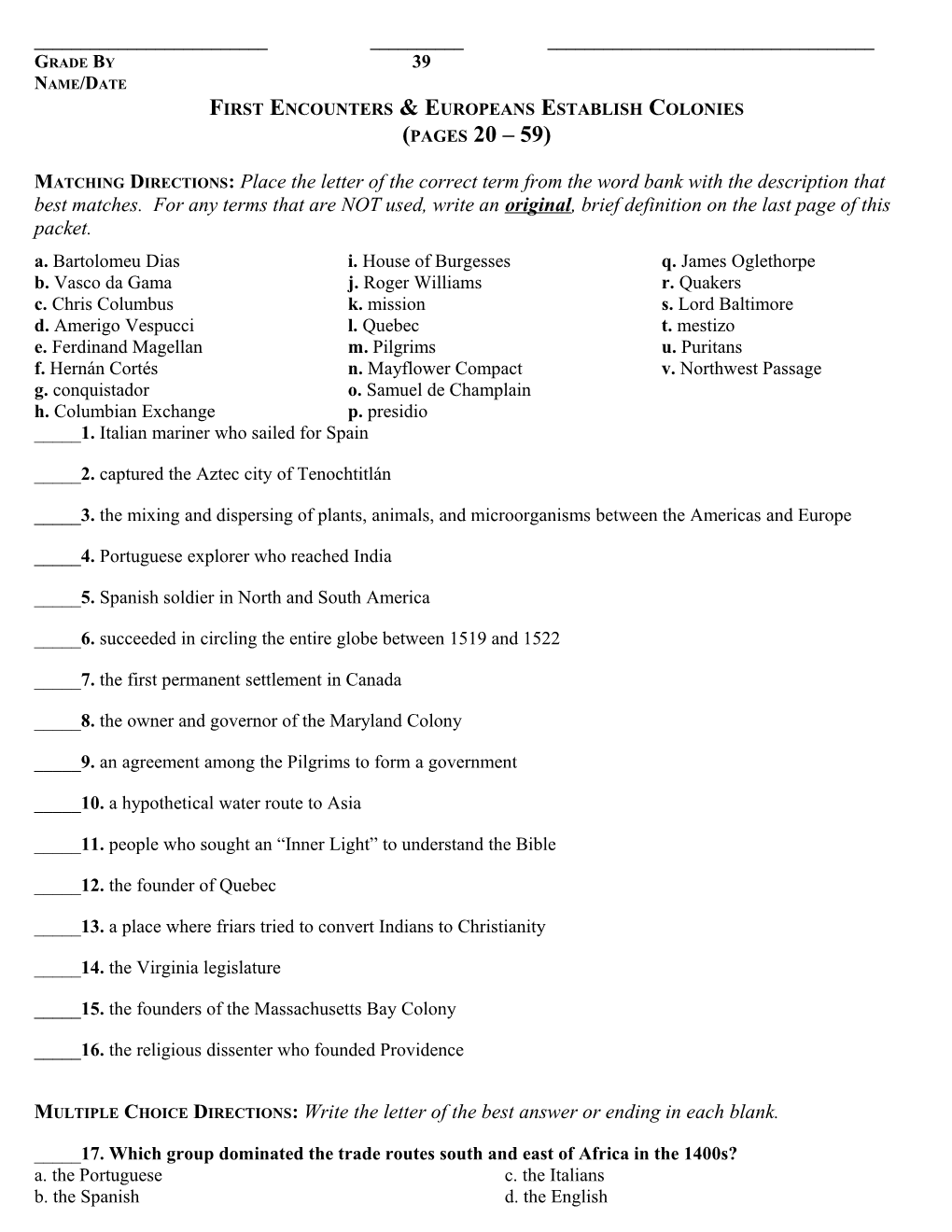 First Encounters & Europeans Establish Colonies