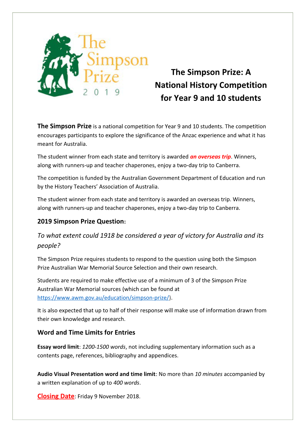 The Simpson Prize: a National History Competition for Year 9 and 10 Students