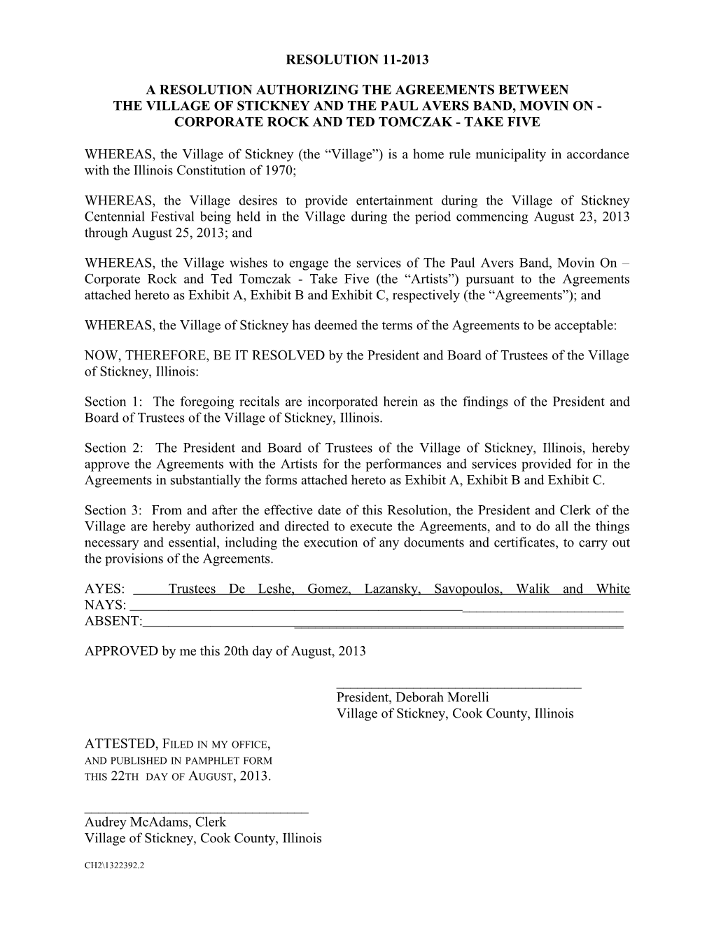A Resolution Authorizing the Agreements Between the Village of Stickney and the Paul Avers