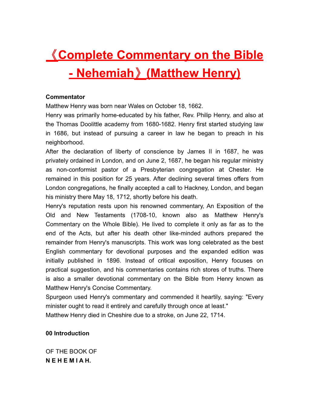 Complete Commentary on the Bible - Nehemiah (Matthew Henry)