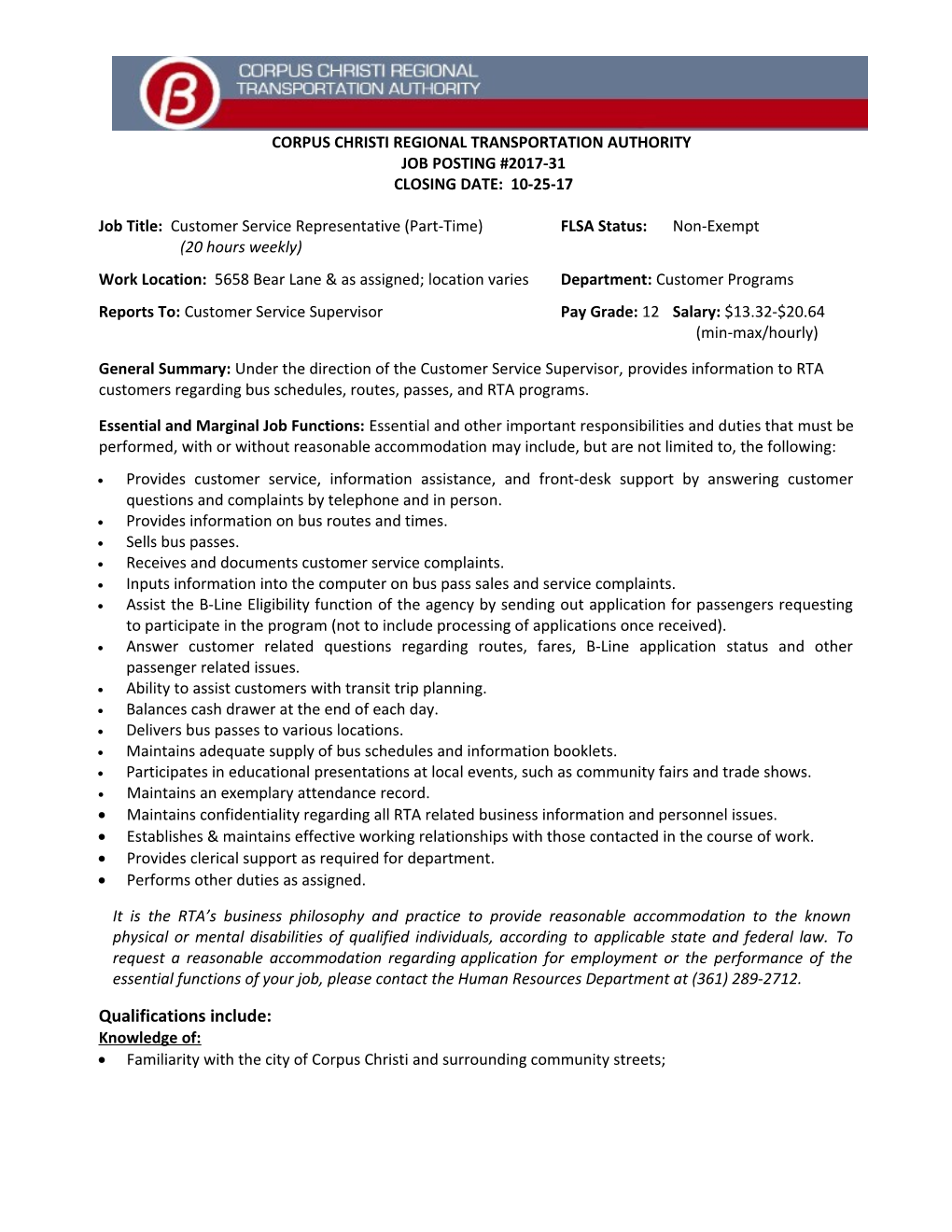 Regional Transportation Authority Job Description