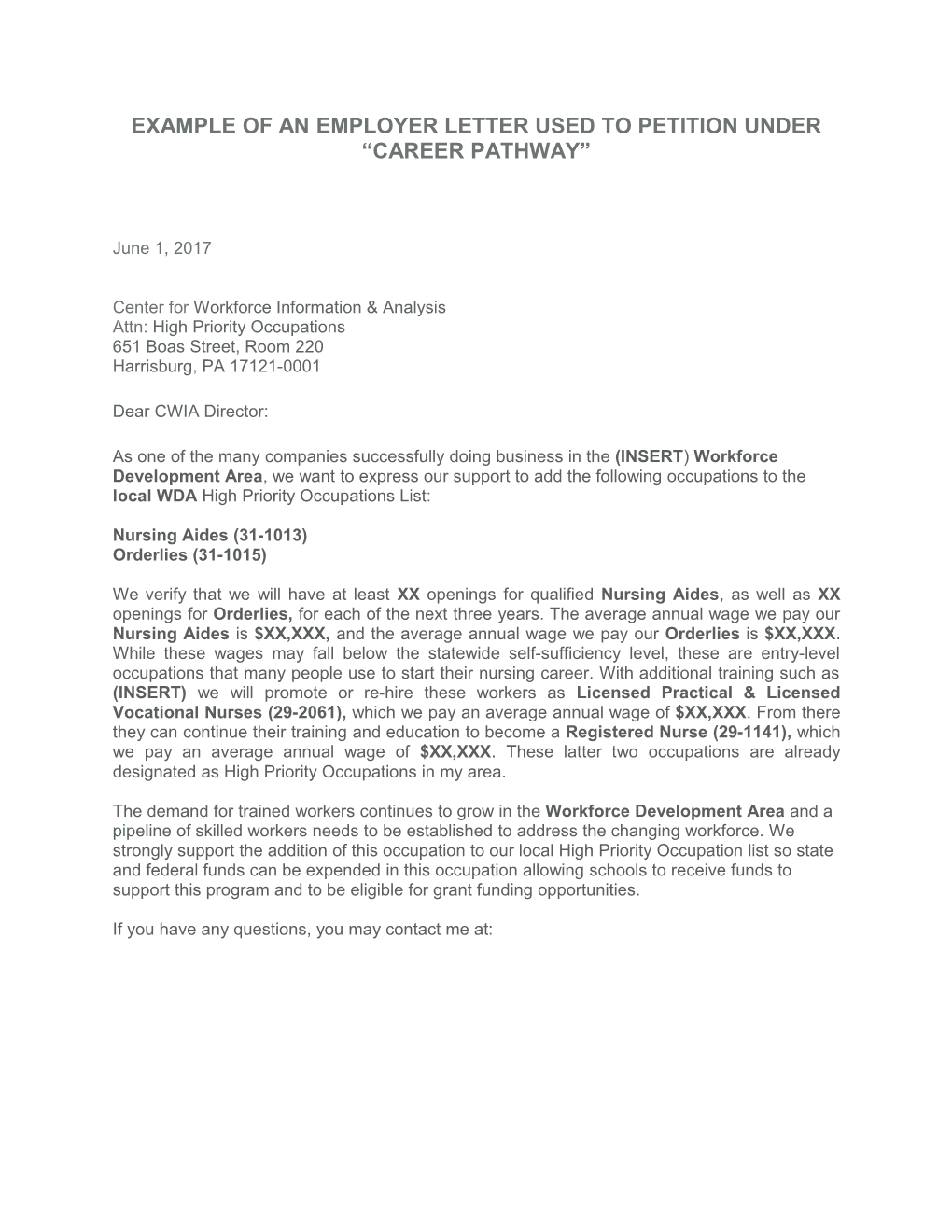 Example of an Employer Letter Used to Petition Under Career Pathway