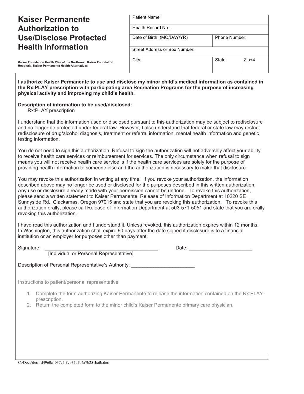 Authorization to Disclose Protected