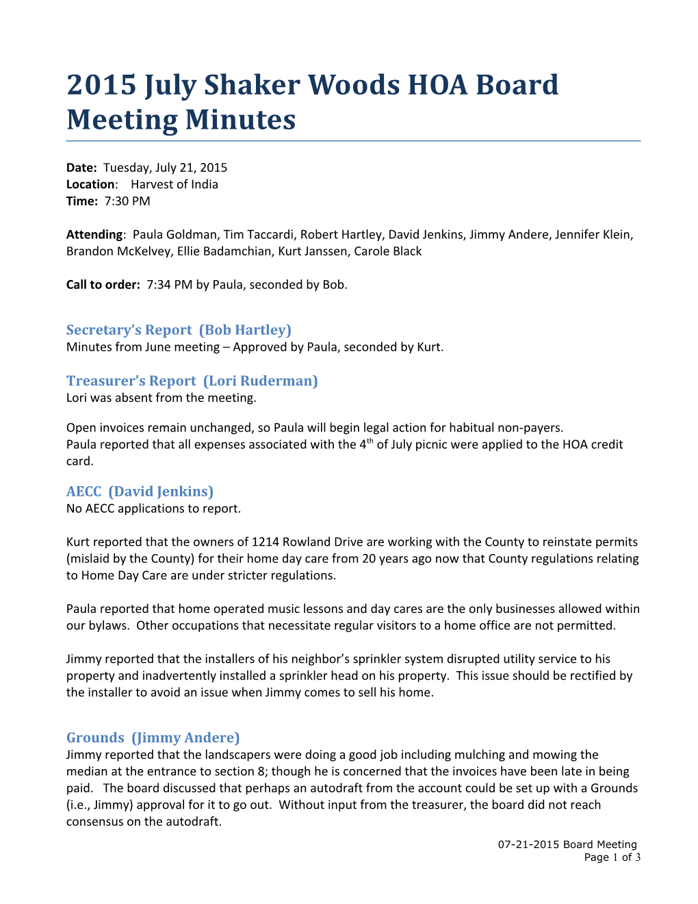 2015 July Shaker Woods HOA Board Meeting Minutes