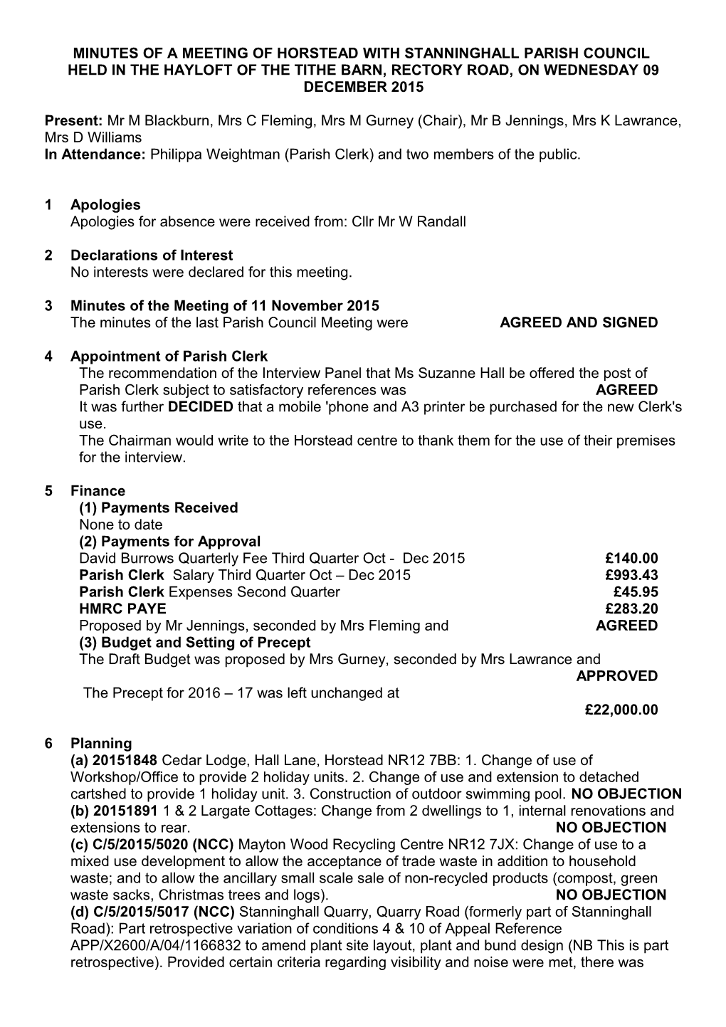 Minutes of a Meeting of Horstead with Stanninghall Parish Council