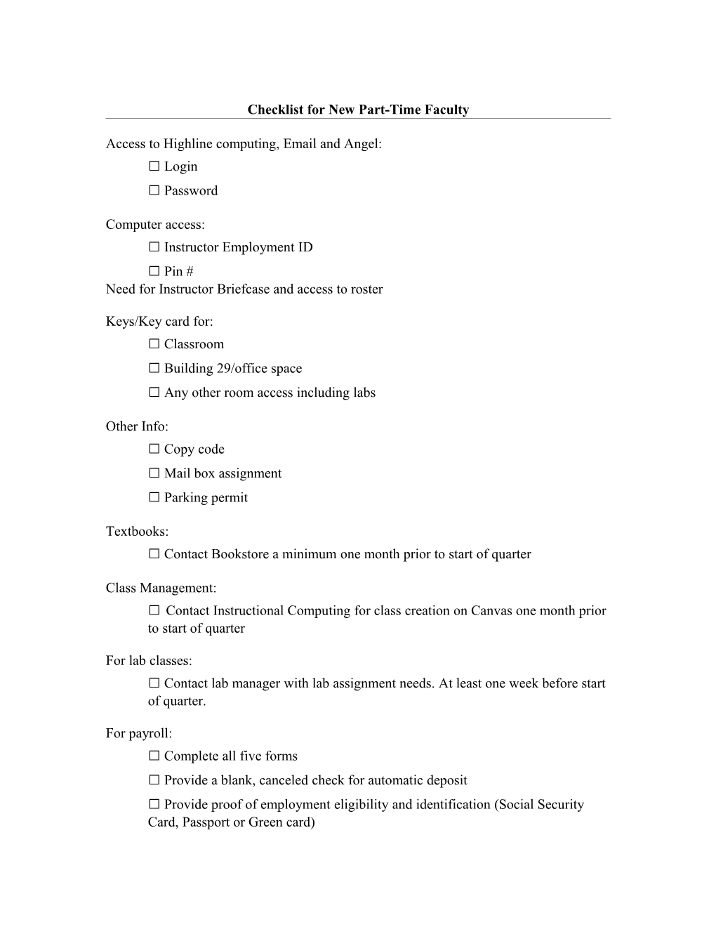 Checklist for New Part-Time Faculty