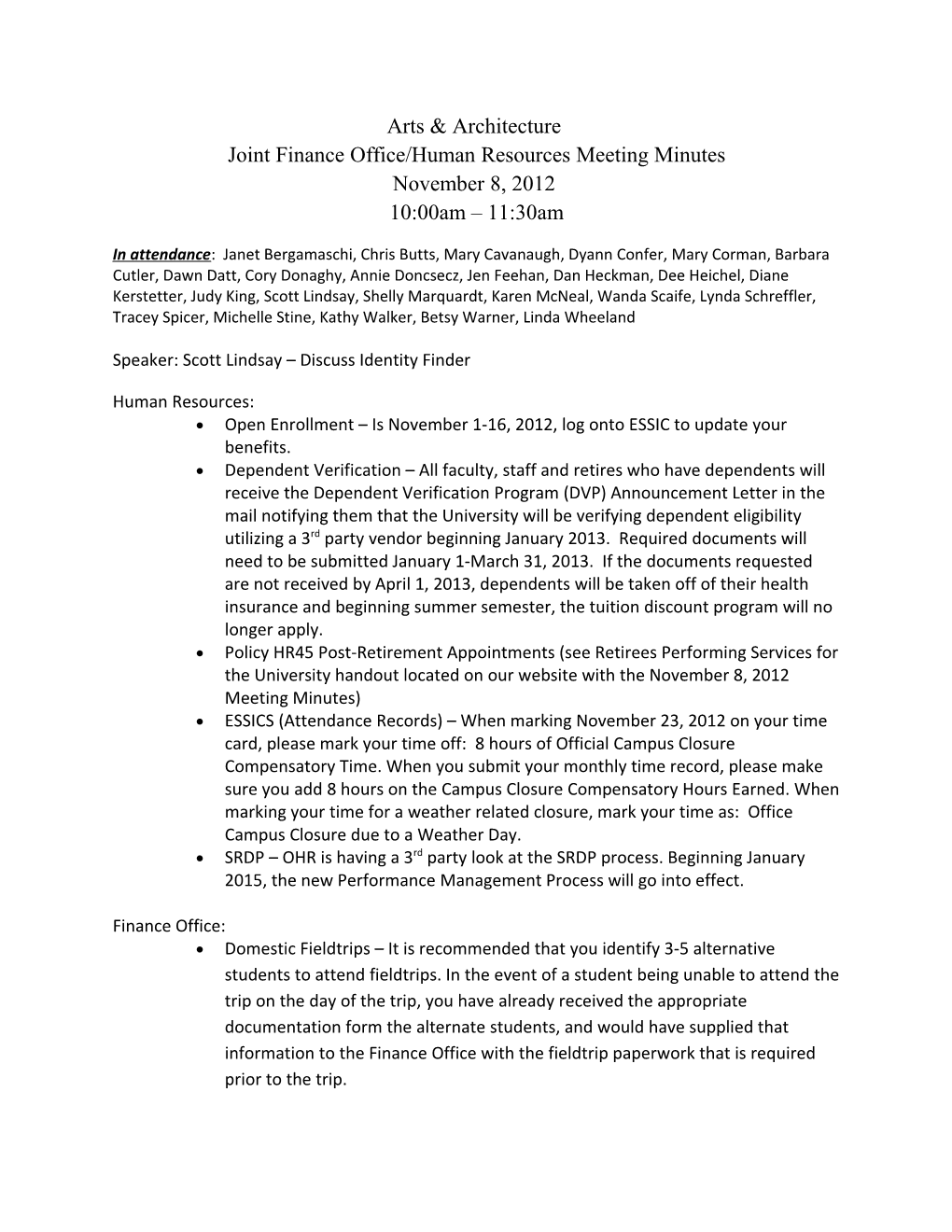 Joint Finance Office/Human Resources Meeting Minutes s1
