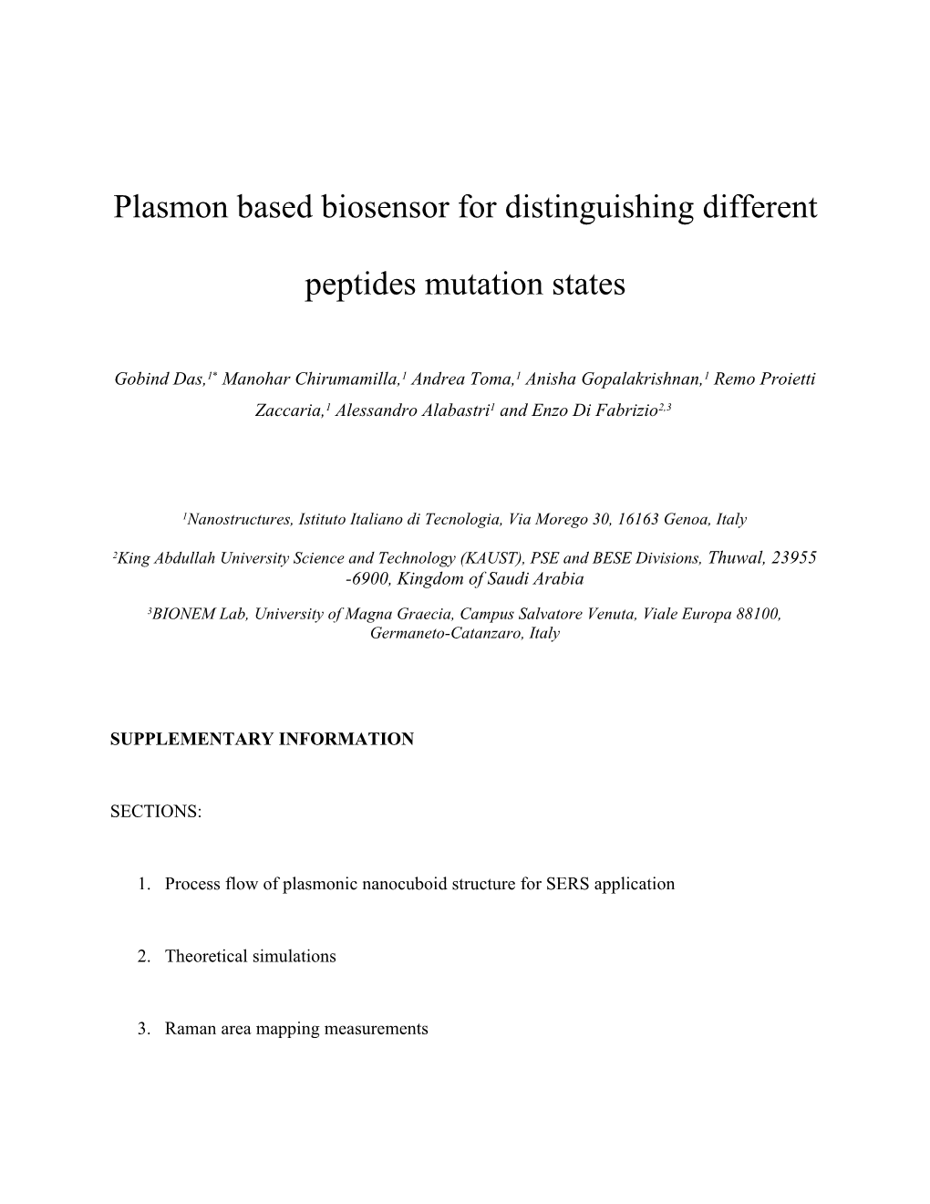 Plasmon Based Biosensor for Distinguishing Different Peptides Mutation States