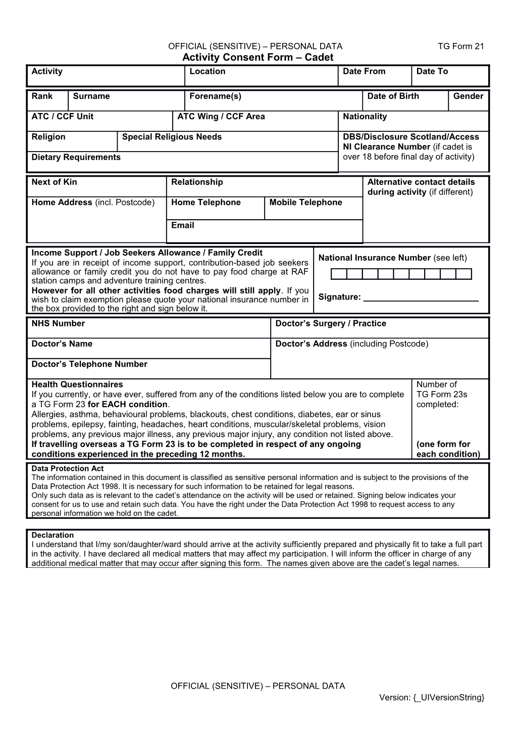 Cadet Activities Consent & Health Form