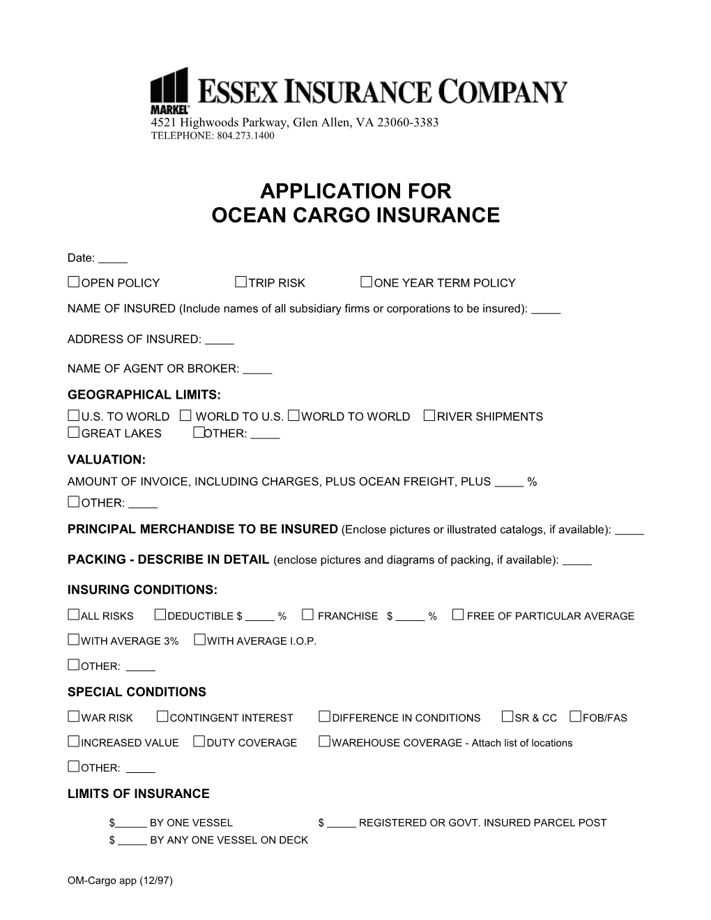 Ocean Cargo Insurance Application