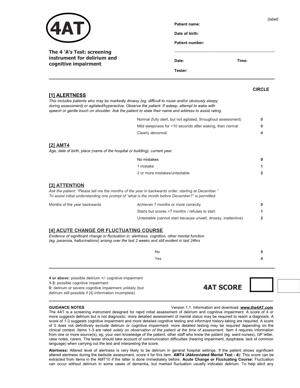 Short Orientation-Memory-Concentration (OMC) Test of Cognitive Function