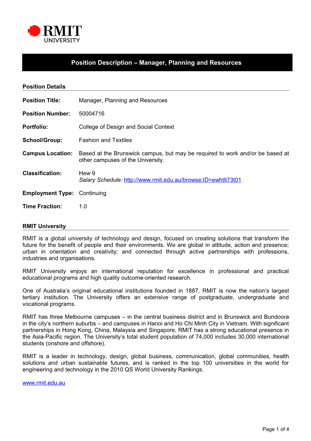 Position Title:Manager, Planning and Resources