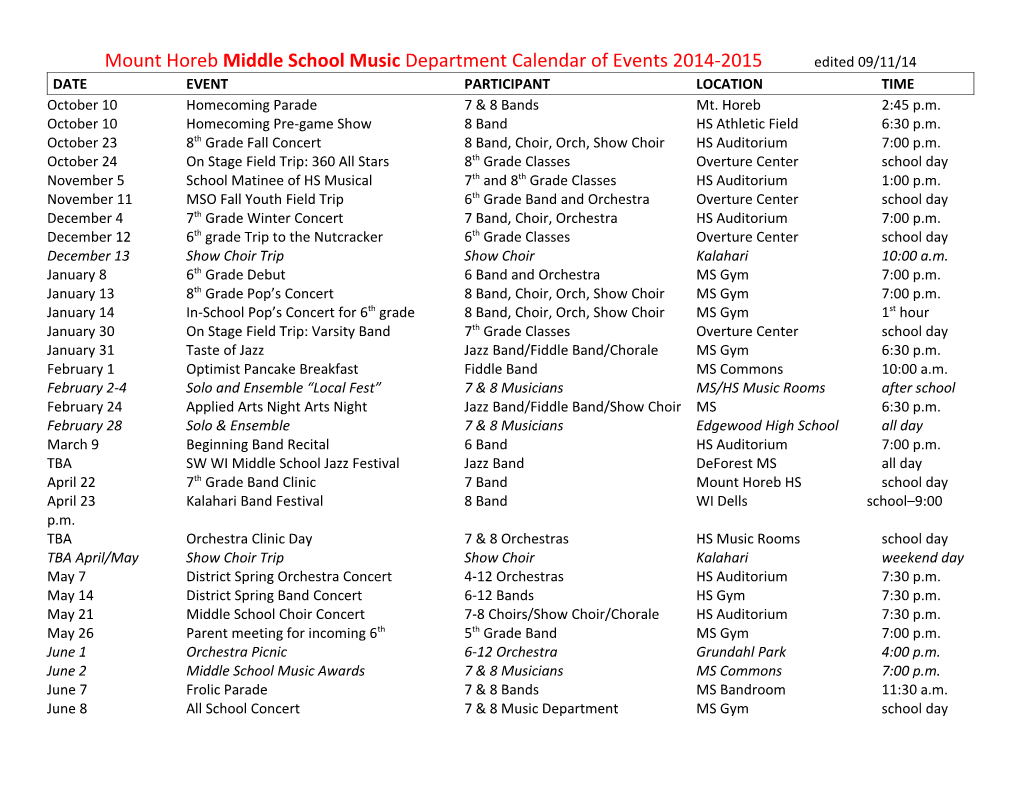 Mount Horeb Middle School Music Department Calendar of Events 2005-2006