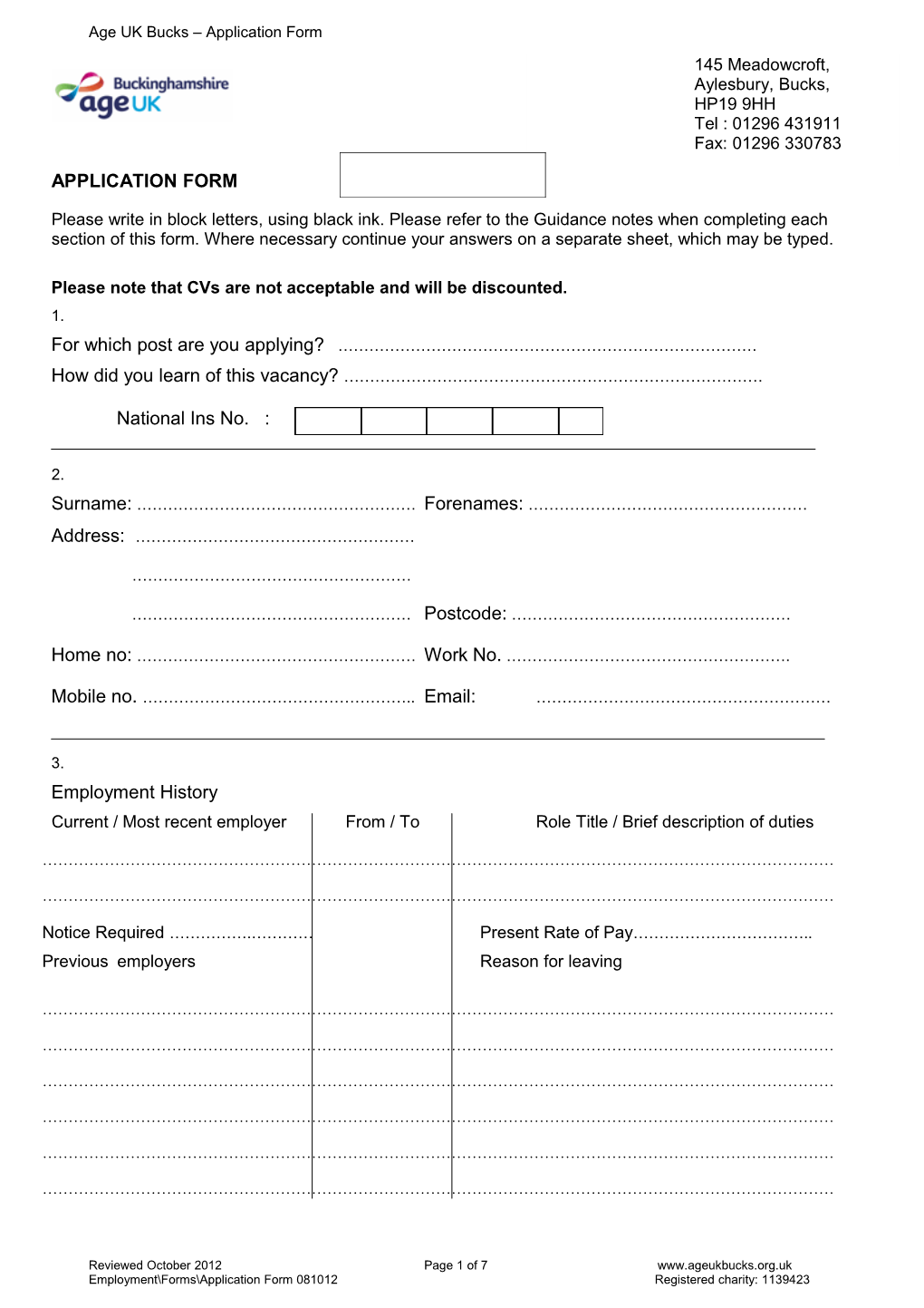 Age UK Bucks Application Form