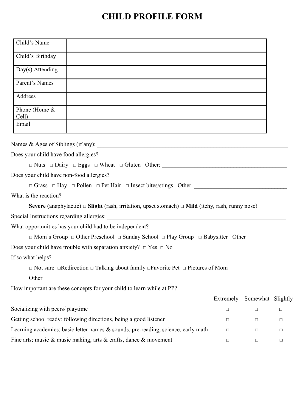 Child Profile Form