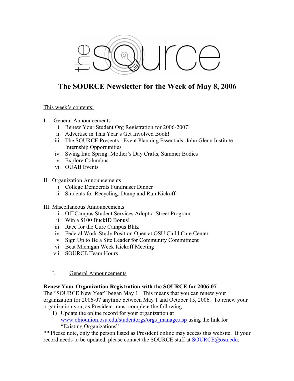 The SOURCE Newsletter for the Week of May 8, 2006