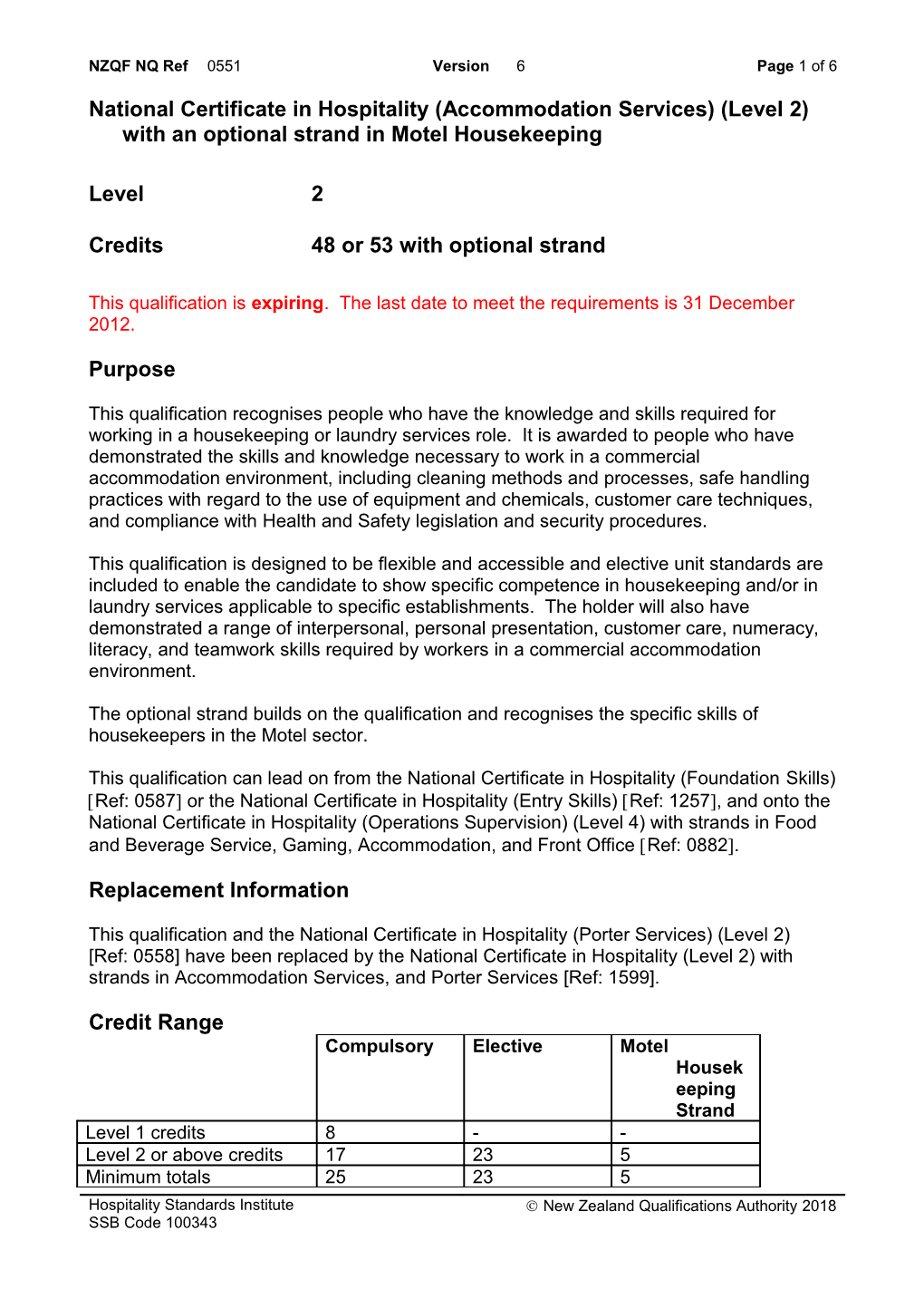 0551 National Certificate in Hospitality (Accommodation Services) (Level 2) with an Optional