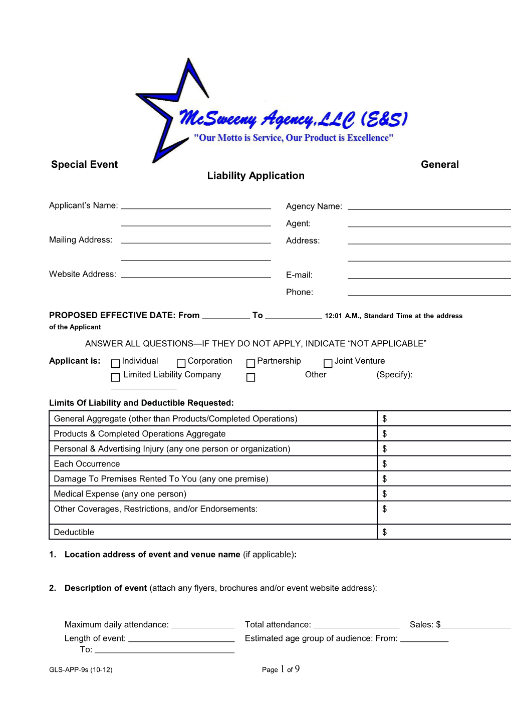 Special Event General Liability Application