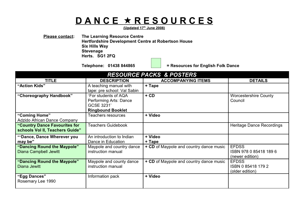 List of Dance Resources at Learning Resource Centre, Hertfordshire Development Centre