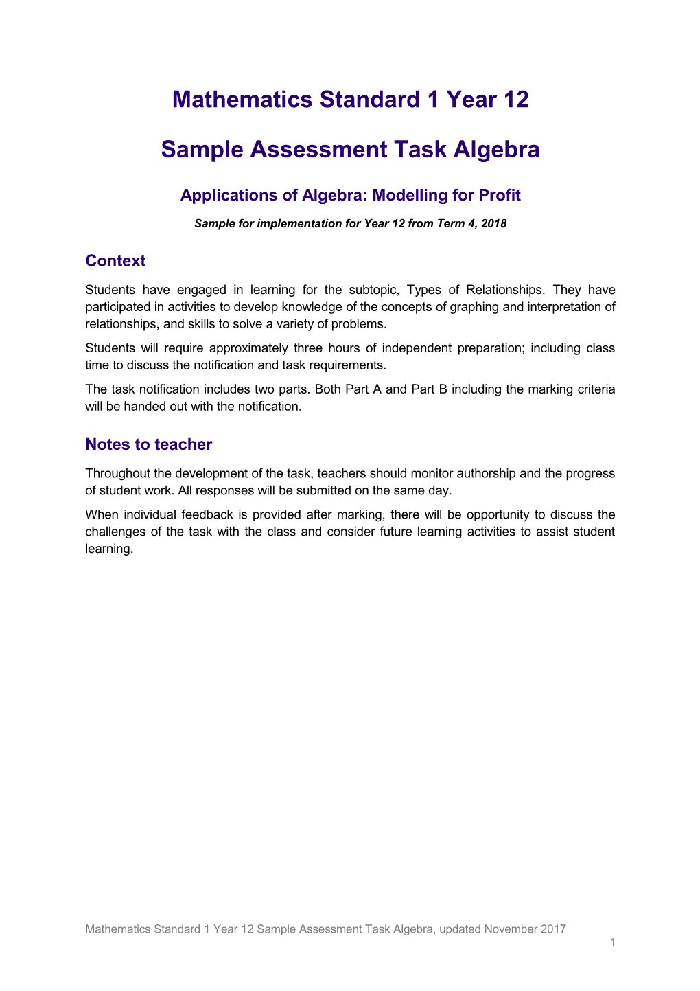 Mathematics Standard 1 Year 12 Sample Assessment Task Algebra
