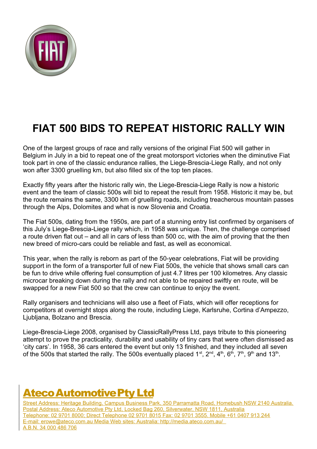 Fiat 500 Bids to Repeat Historic Rally Win