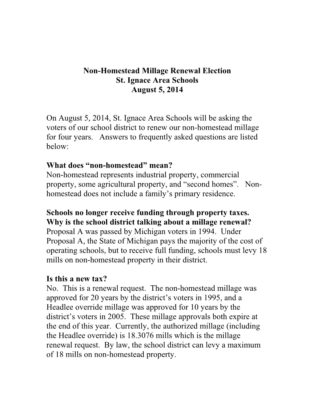 Non-Homestead Millage Renewal Election