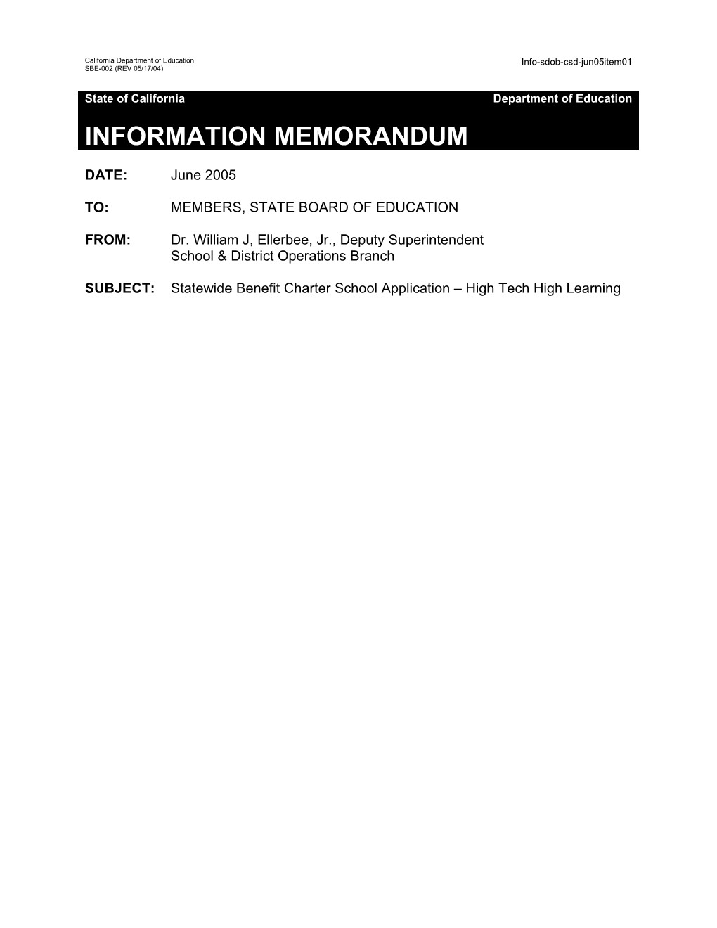 June 2005 SDOB-CSD Item 01 - Information Memorandum (CA State Board of Education)