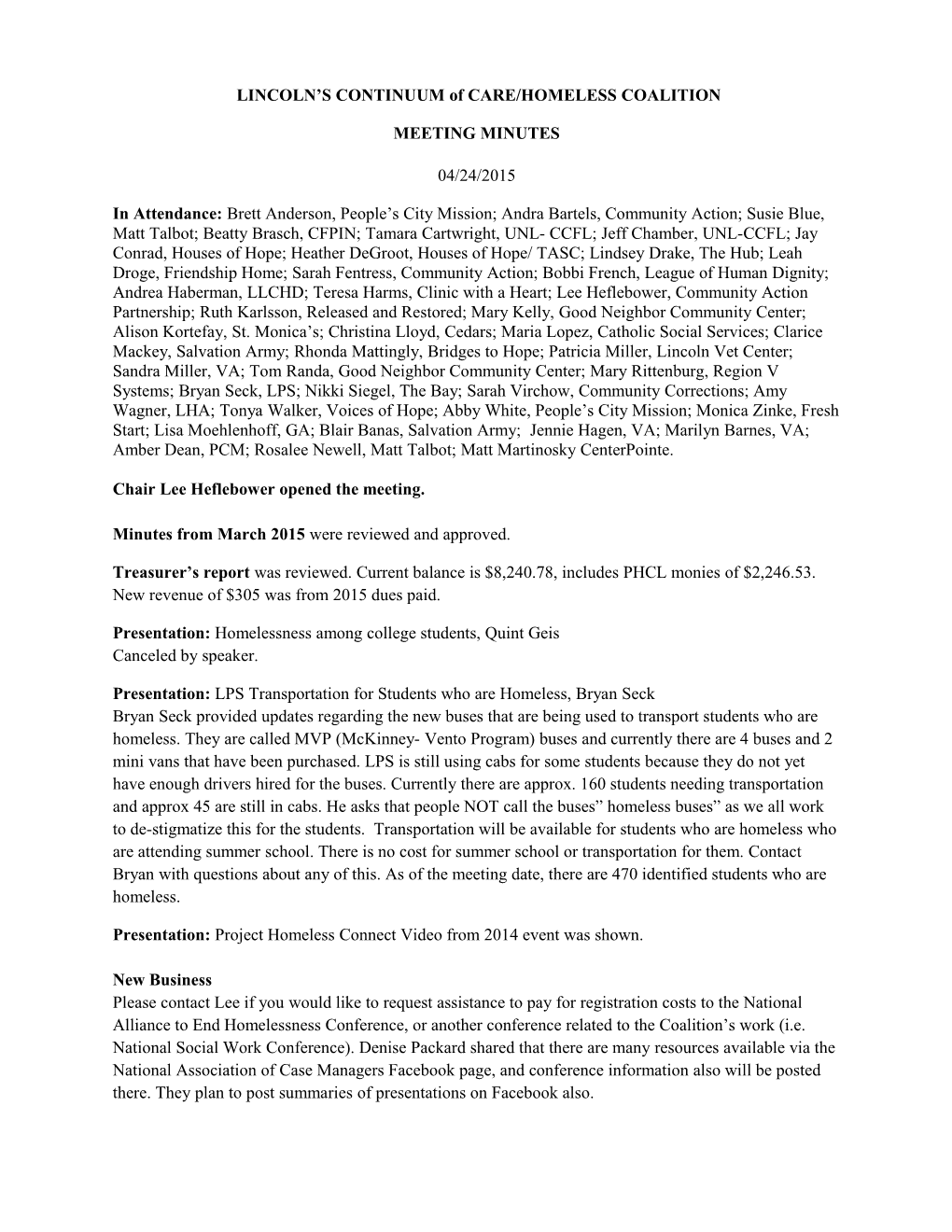 LINCOLN S CONTINUUM of CARE/HOMELESS COALITION