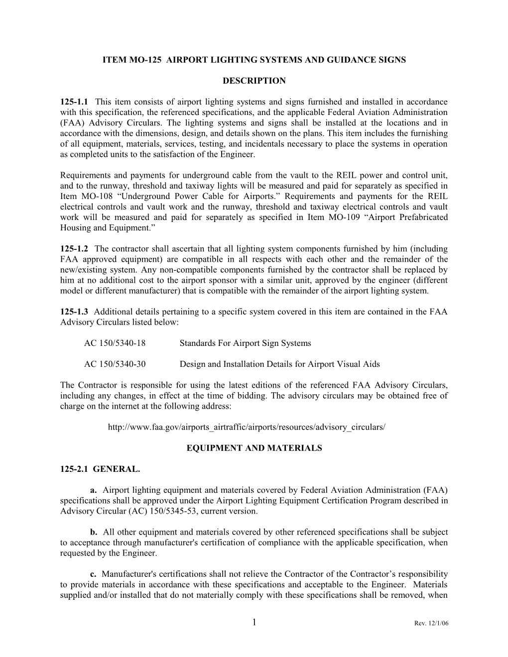 Item L 125 Installation of Airport Lighting Systems