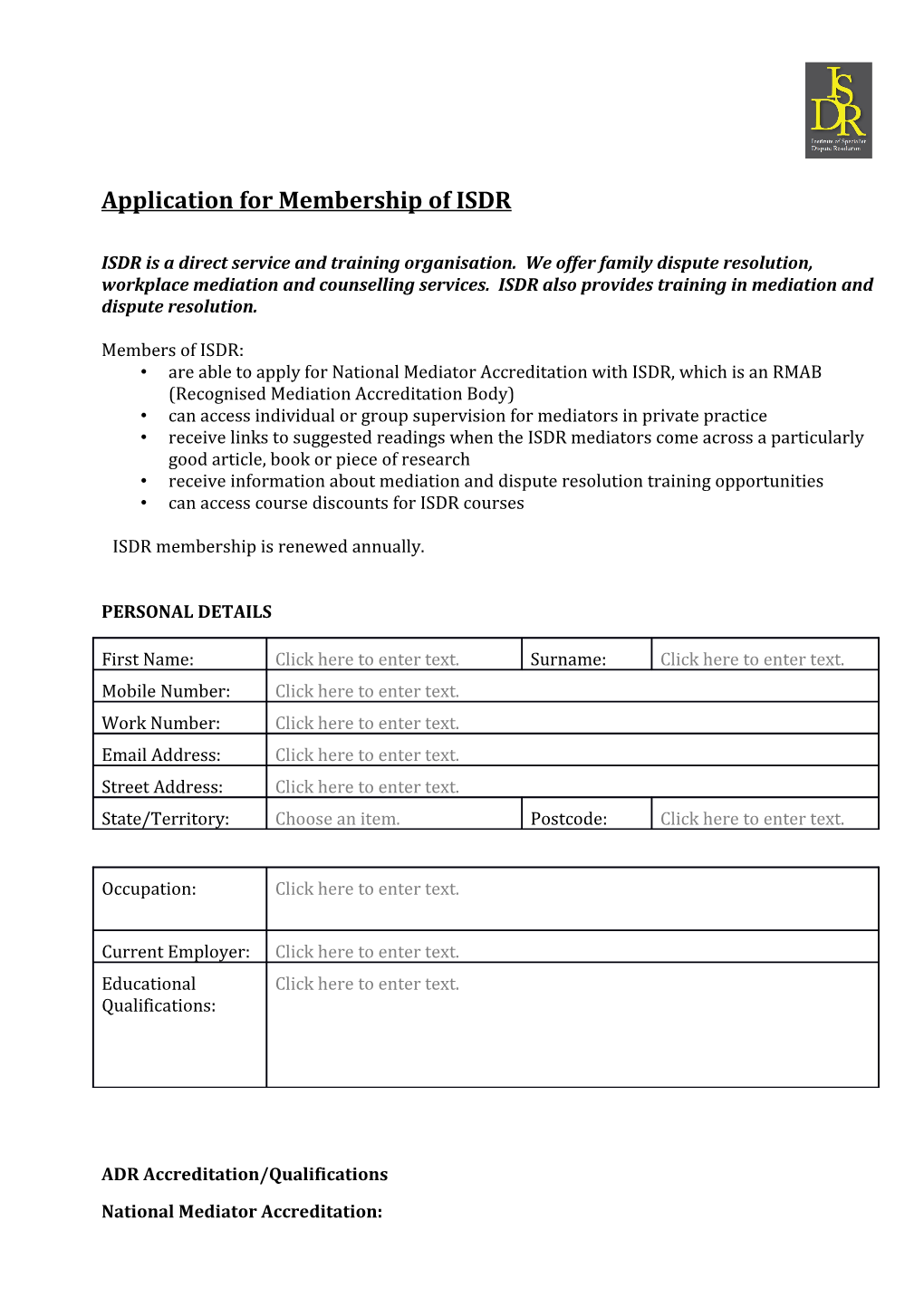 Application for Membership of ISDR