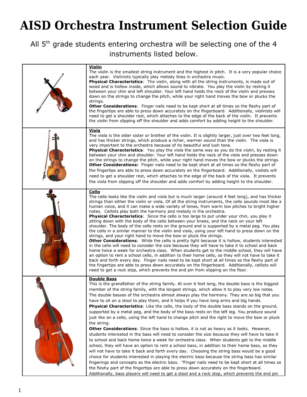 AISD Orchestra Instrument Selection Guide