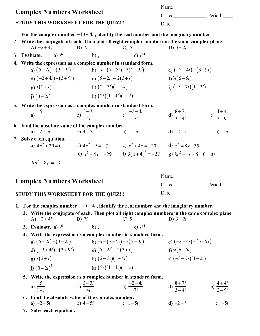 Complex Numbers Worksheet s5