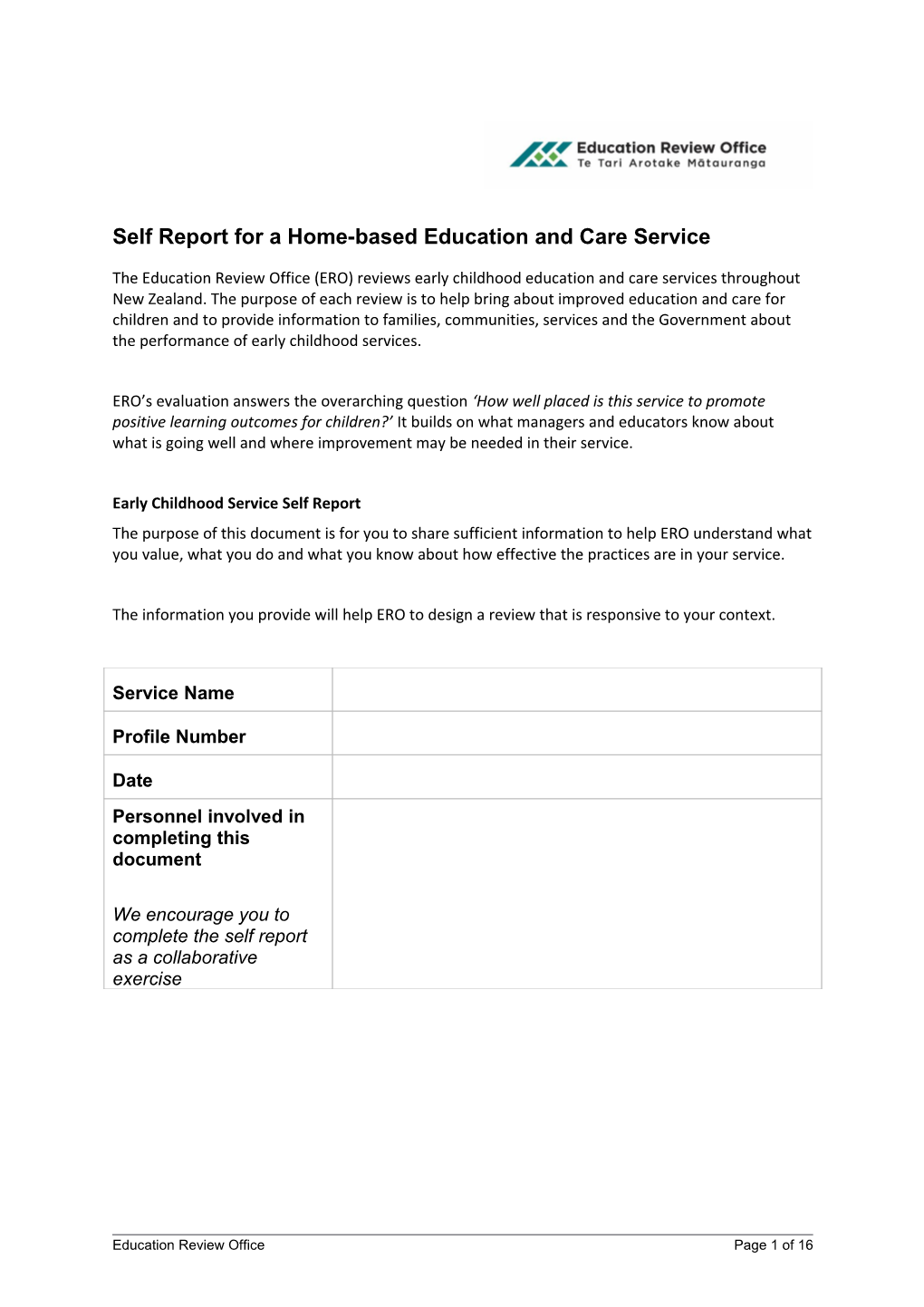 Self Report for a Home-Based Education and Care Service