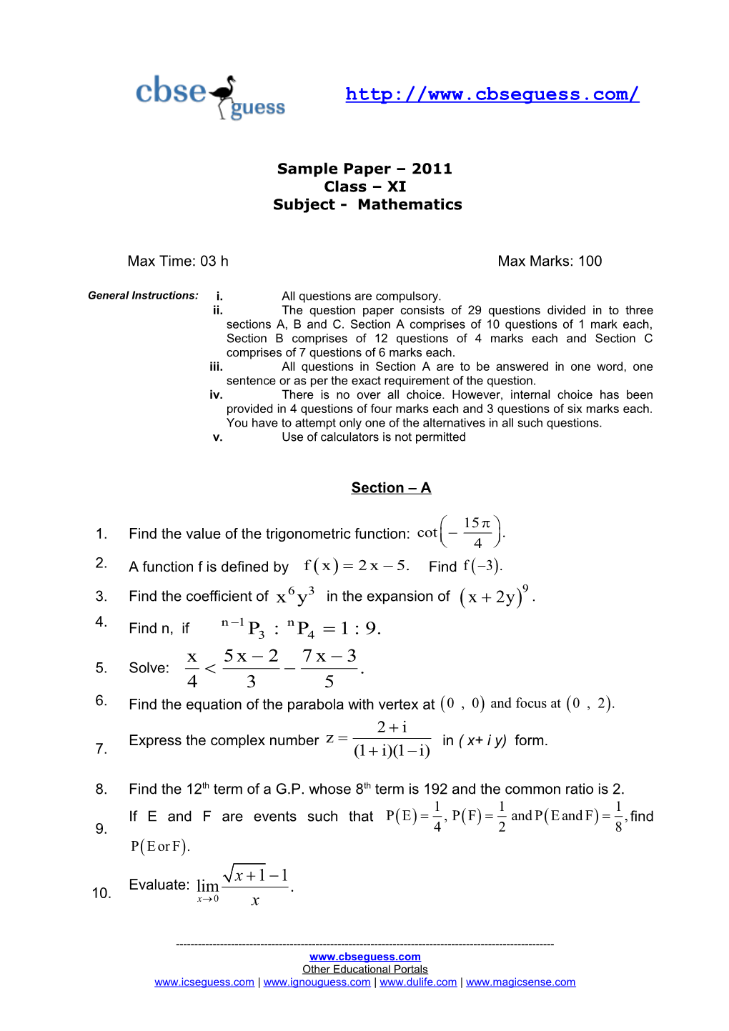 Sample Paper 2011 Class XI Subject - Mathematics