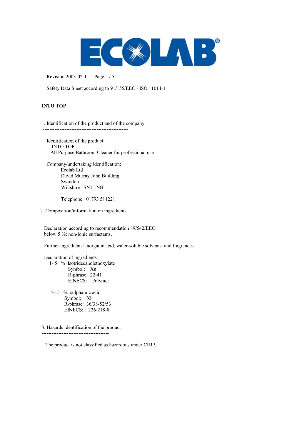 Safety Data Sheet According to 91/155/EEC - ISO 11014-1 s1