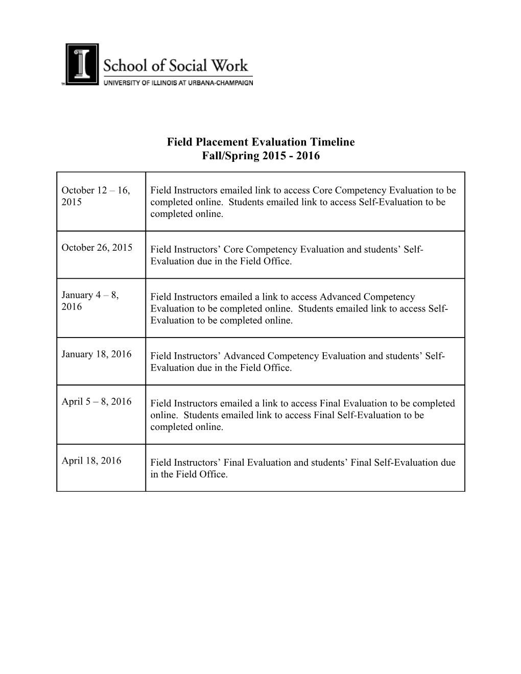 Field Placement Evaluation Timeline