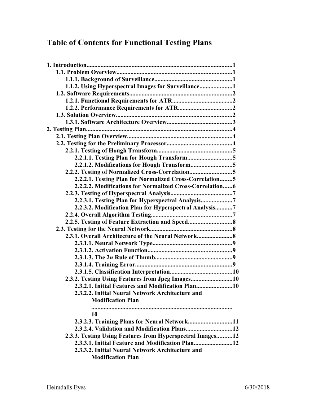 Table of Contents for Functional Testing Plans