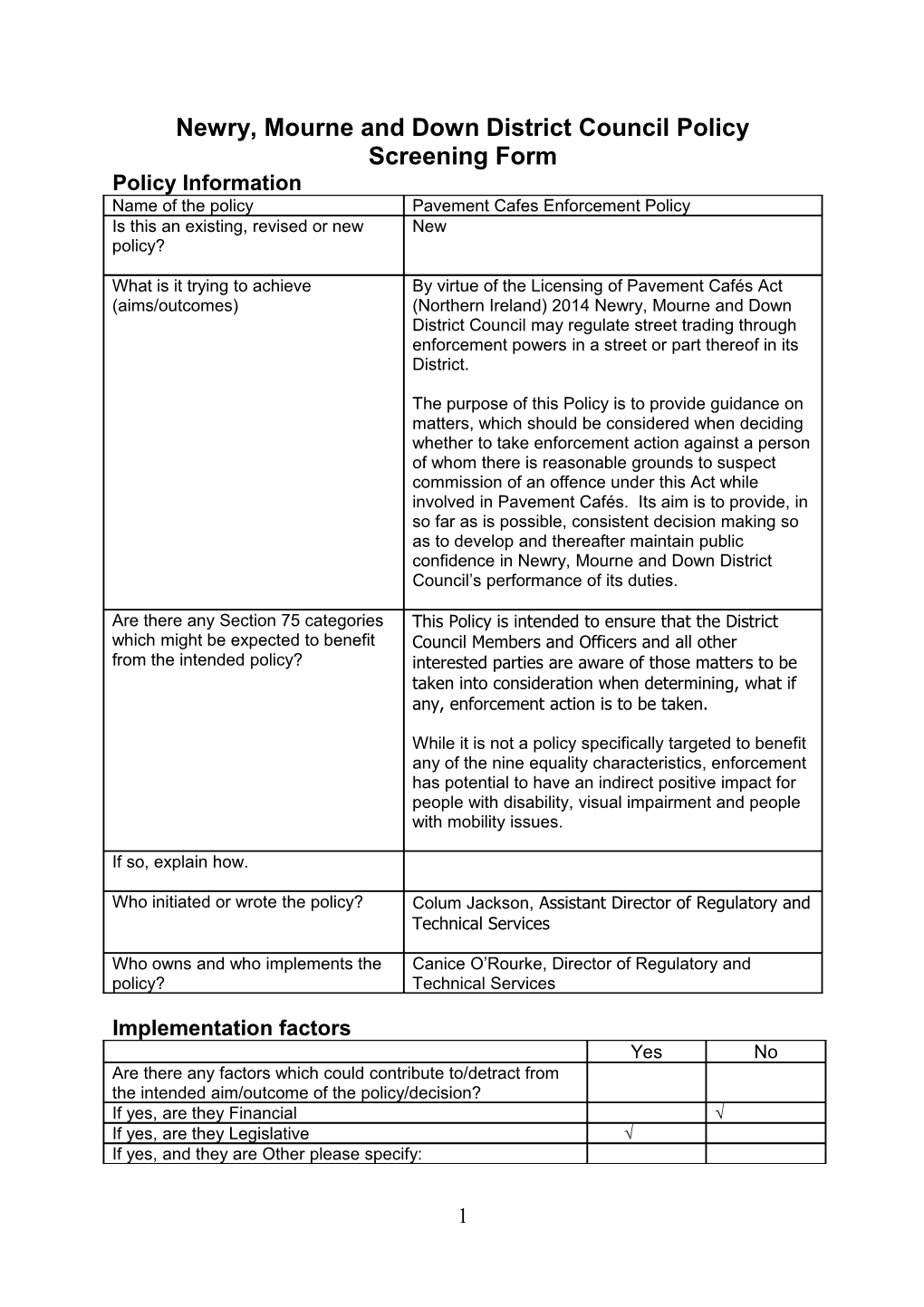 Newry, Mourne and Down District Council Policy Screening Form s3