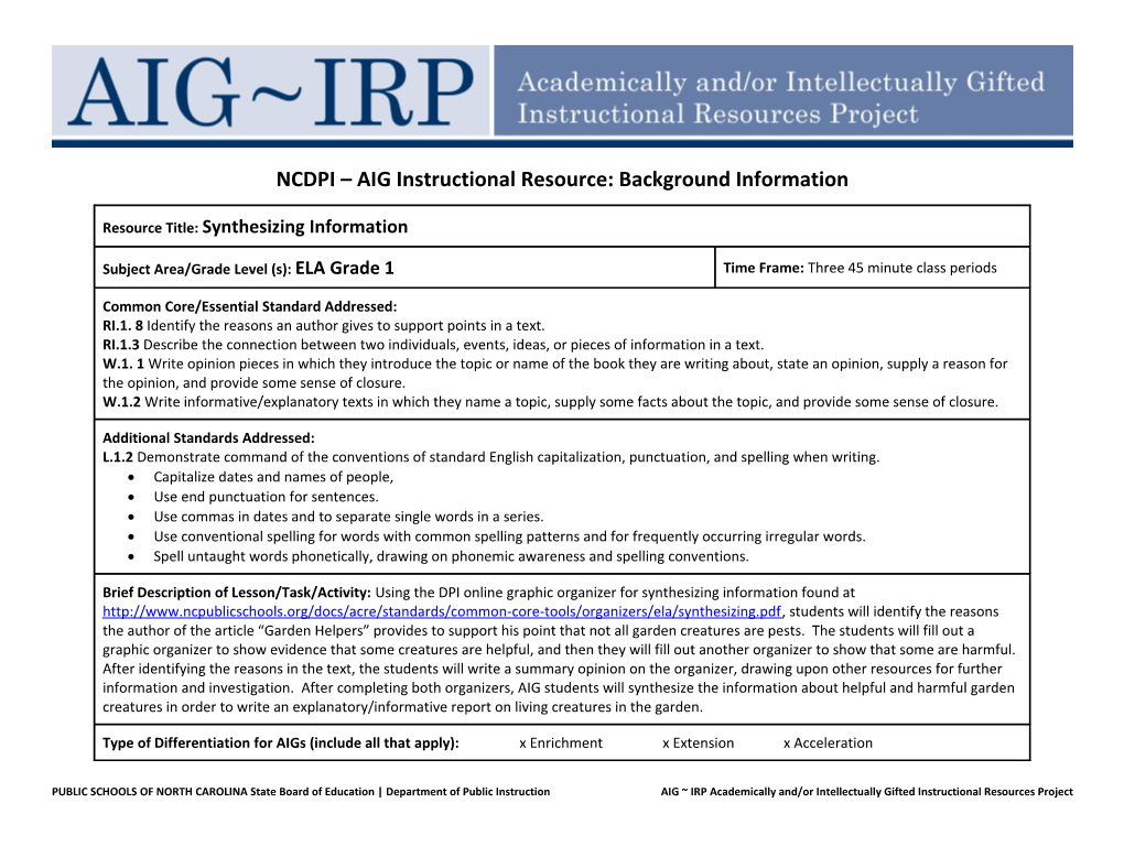 NCDPI AIG Instructional Resource: Background Information s6