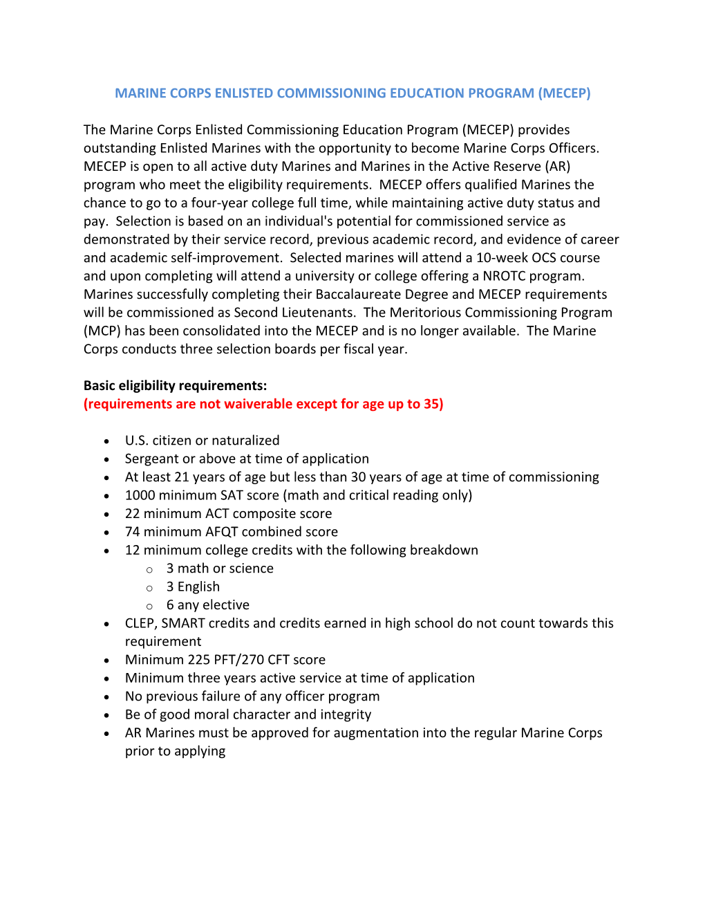 Marine Corps Enlisted Commissioning Education Program (Mecep)