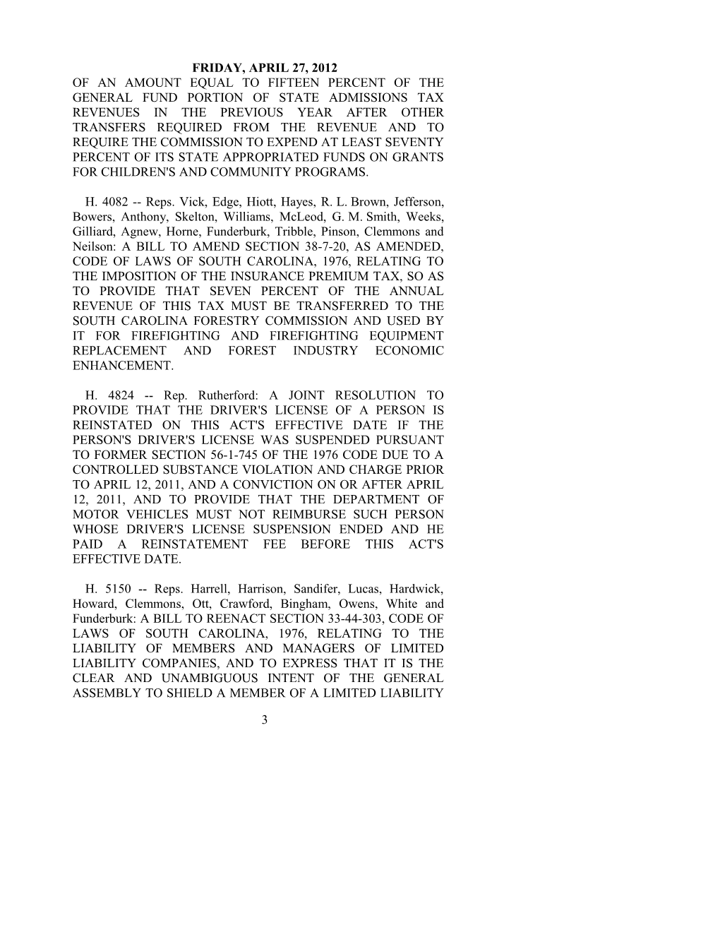 House Journal for Apr. 27, 2012 - South Carolina Legislature Online