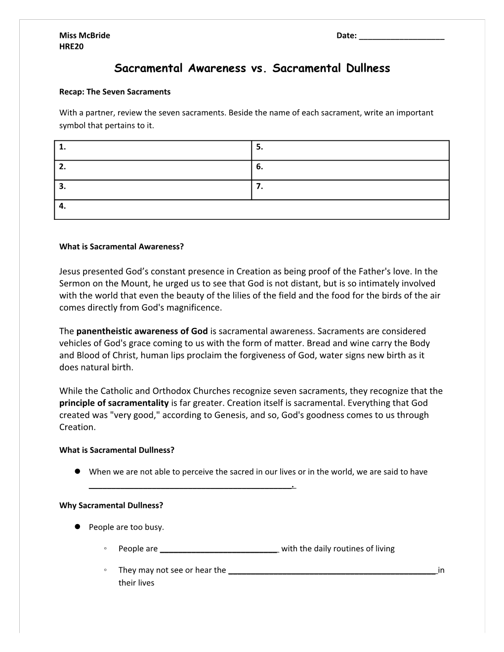 Sacramental Awareness Vs