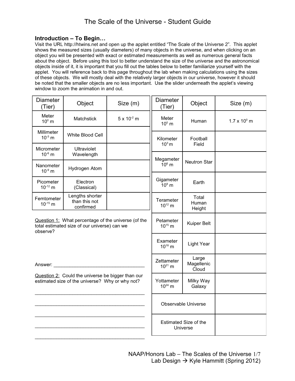 The Scale of the Universe - Student Guide