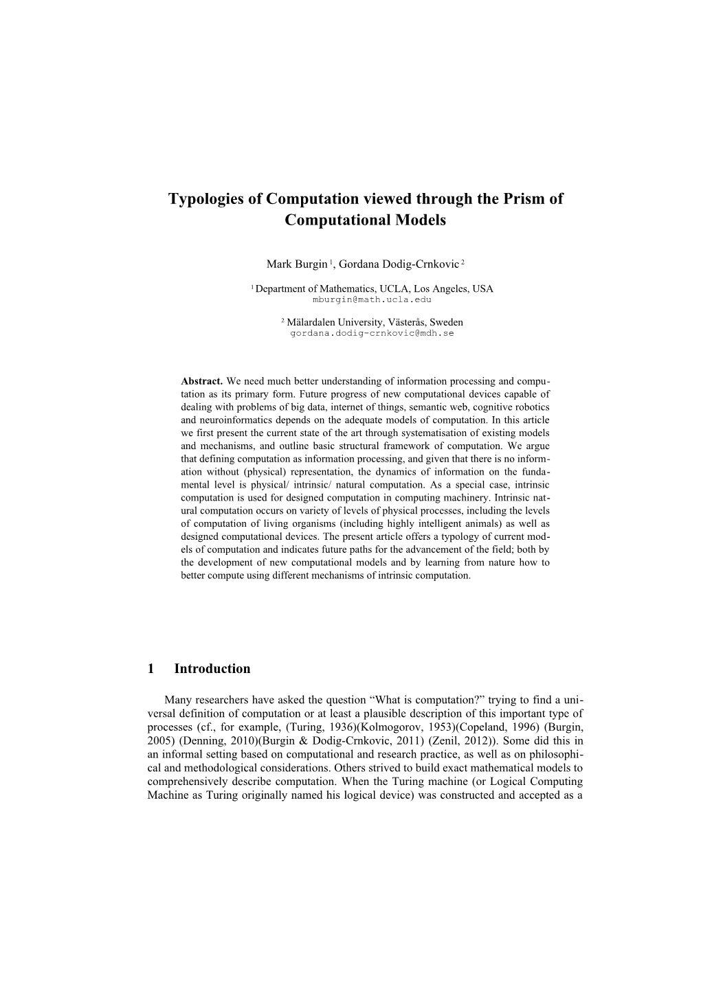 Typologies of Computation Viewed Through the Prism of Computational Models