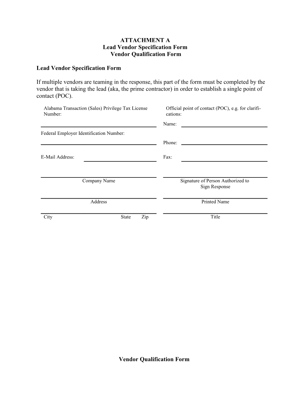 Lead Vendor Specification Form