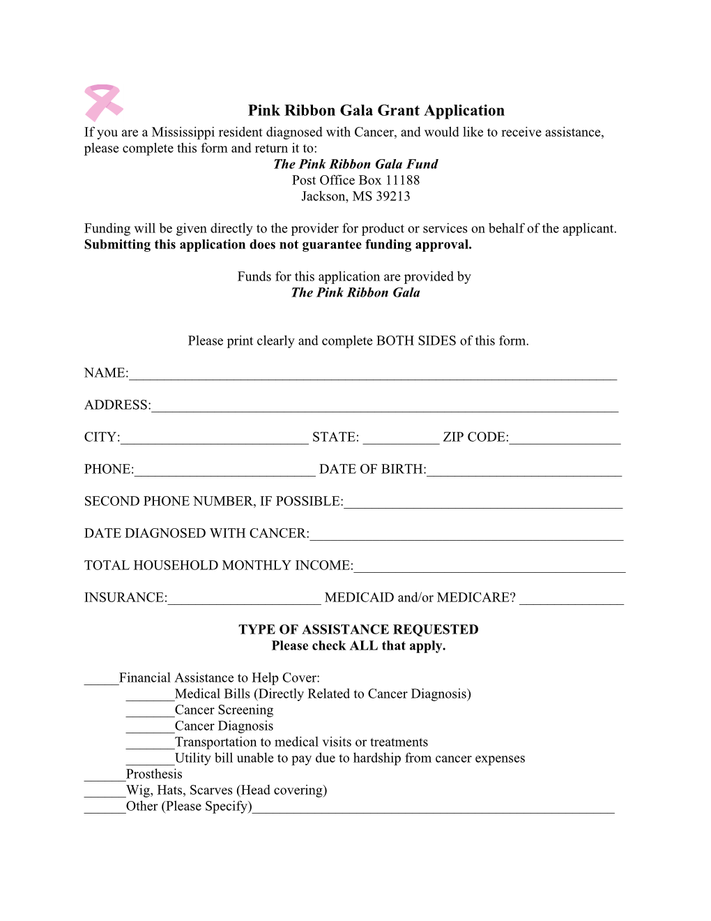 Pink Ribbon Gala Grant Application