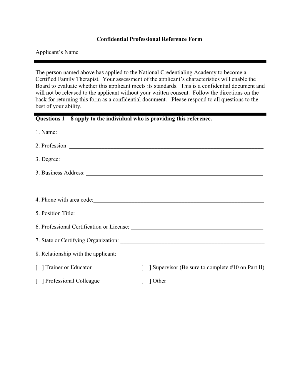 Confidential Professional Reference Form